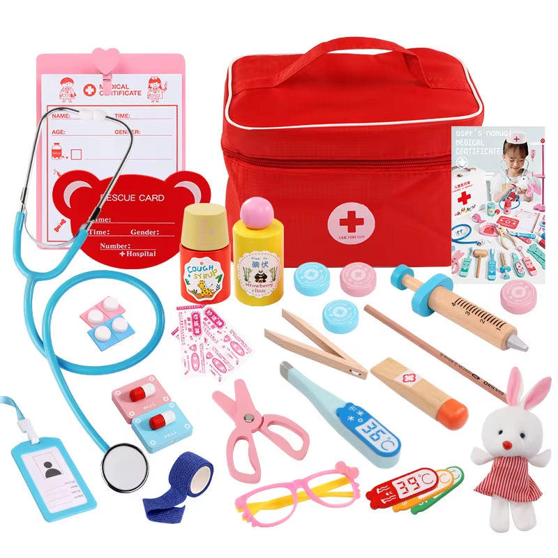 Toys for Children Girl Boy Kids Pretend Play Wood Doctor Toys Red Medical Kit Dentist Medicine Box Sets Cloth Bag Packing Games